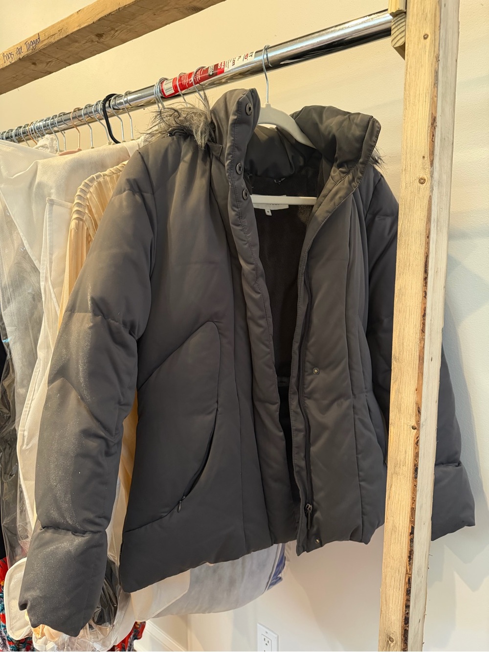 Calvin Klein Dark Gray Puffer Jacket with Faux-Fur Trim Hood